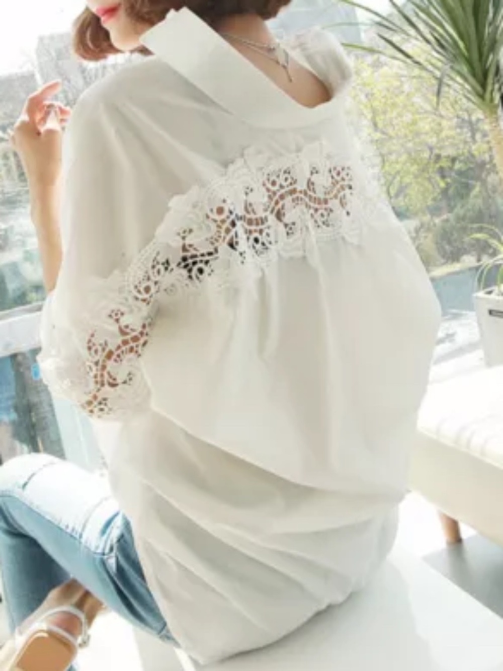 Korean Fashion Women Lace Crochet Hollow Loose Casual Tunic Shirts Tops Blouse